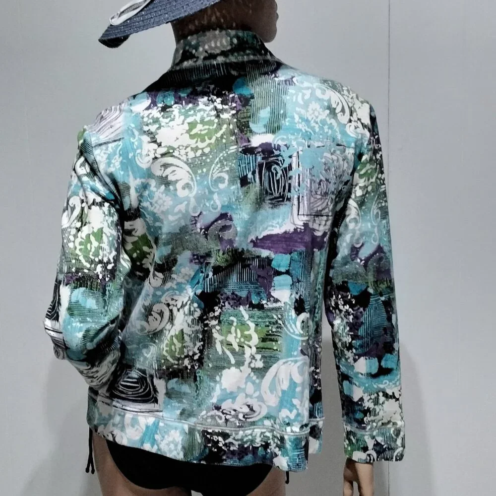 Additions by Chico's Funky Floral Abstract multi-color Zip Light Jacket Size 2 - Picture 9 of 16